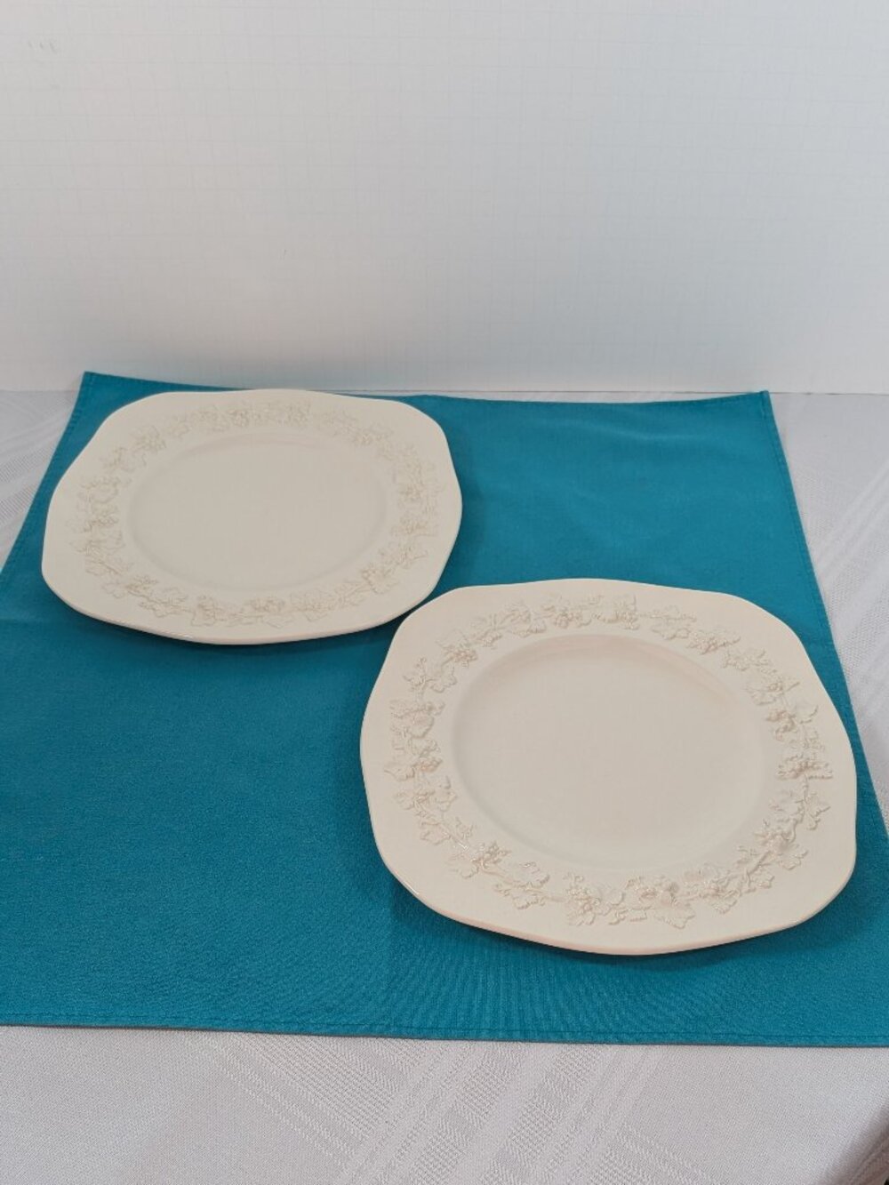 Set of 2 Square Luncheon Plates - Wedgwood Embossed Queensware Cream on Cream